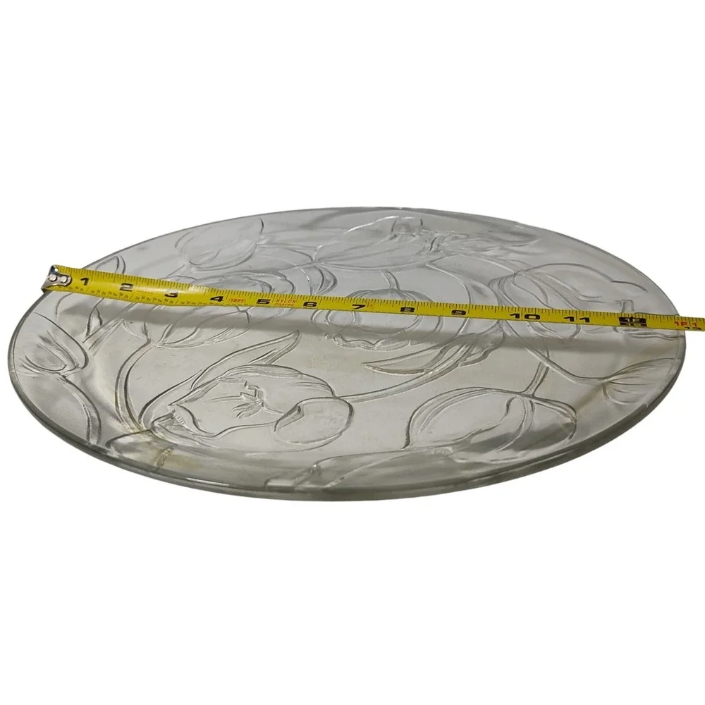 Vintage Kig Group Round Serving Platter Embossed Tulips‎ Clear Glass 13 inch SEE